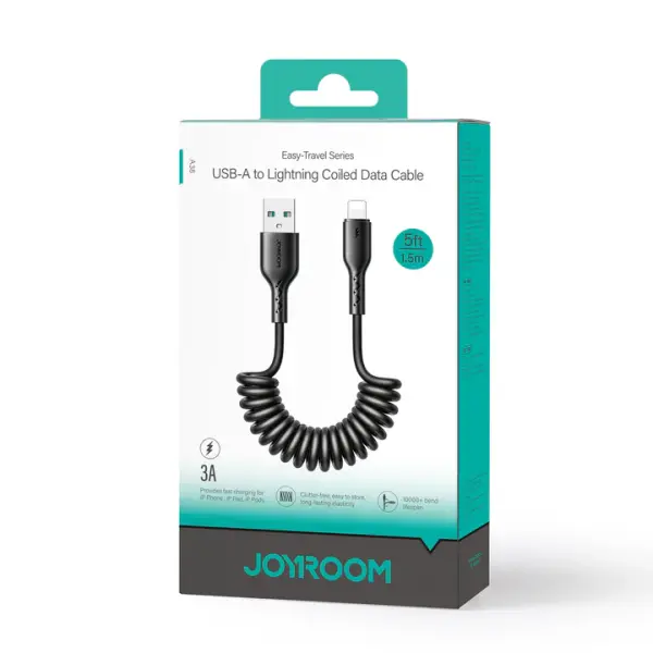 SA38-AC3/SA38-AL3 3A Coiled Fast Charging Data Cable for Car (Type-C/Lightning) 1.5m-Black